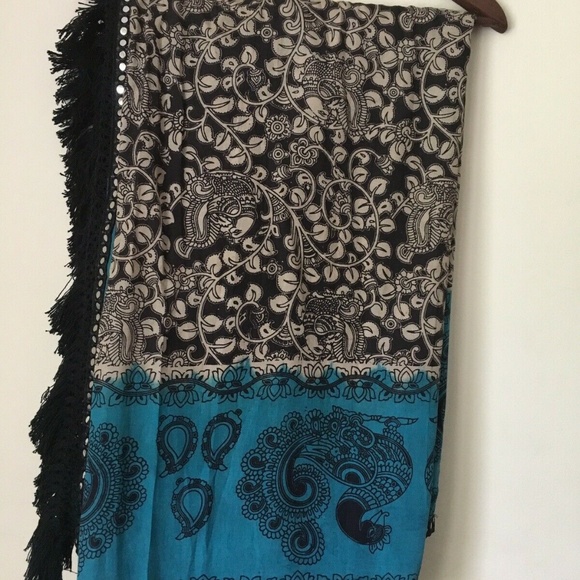 Stunning ! Blue, black KALAMKARI cotton blend SAREE SARI with Mirrors, tassles - Picture 4 of 8